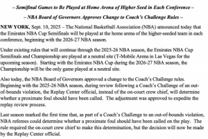 下下賽季起NBA杯半決賽將在戰(zhàn)績更好球隊(duì)主場進(jìn)行 決賽依舊中立場