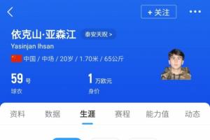 20歲山東泰山中場依克山將加盟中國香港超級(jí)聯(lián)賽球隊(duì)東方