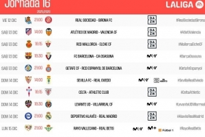 西甲第16輪時間：巴薩12月14日01:30對陣奧薩蘇納，皇馬15日出戰(zhàn)