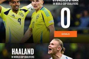 檔次差距？哈蘭德8場(chǎng)16球頭名進(jìn)世界杯，瑞典2.7億鋒線4場(chǎng)1球墊底